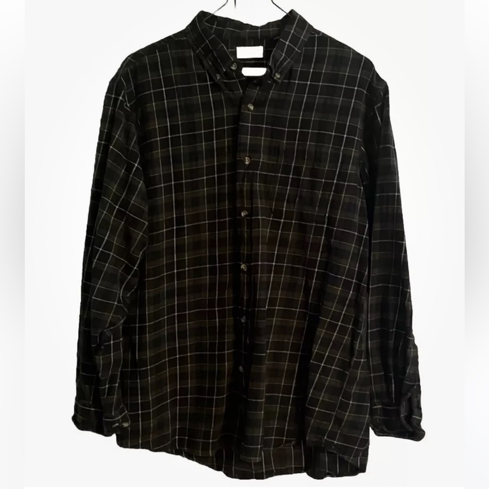 Men’s Navy/Green/White Plaid Long Sleeve Flannel Buttondown Size XL